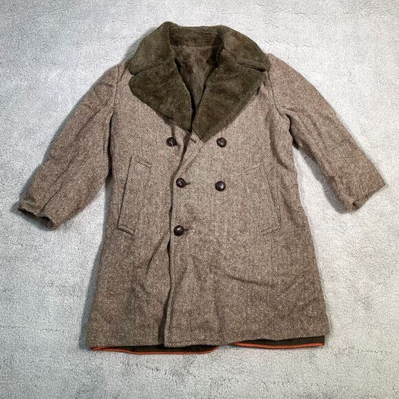 Vintage Herringbone Twees Jacket Men's Faux shearling CollarFur 70s Size 42